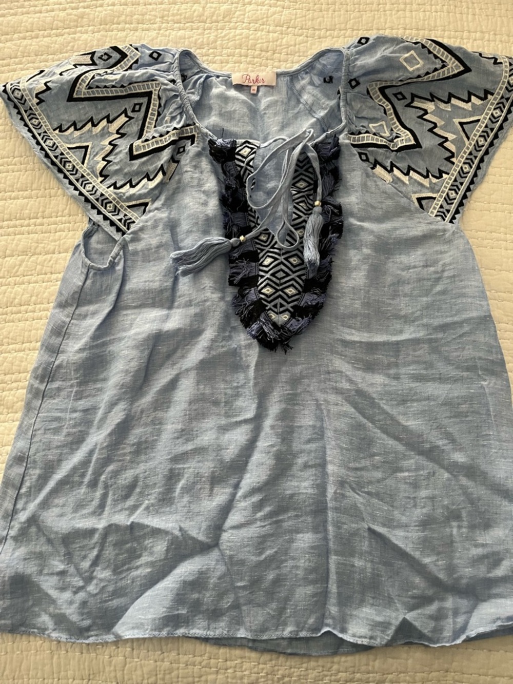 Parker Blue Linen Blouse with Embroidered Detail never worn
